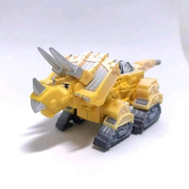 A yellow die-cast dinosaur truck toy with a removable dino figure.
