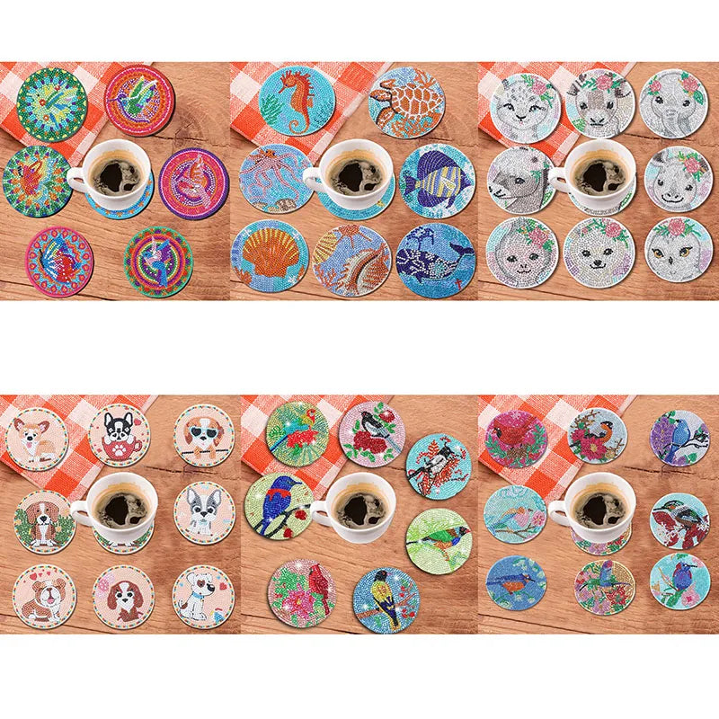A collection of DIY diamond art coasters featuring various animal designs and patterns on a wooden surface.