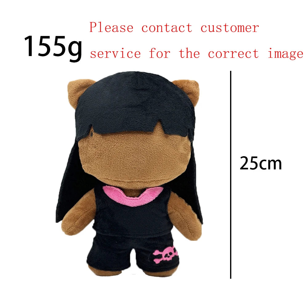 A plush doll resembling Eminem, XXXTentacion, and Frank Ocean with black hair and a pink accent.