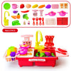 A red electric kids kitchen set featuring a sink, running water, various cooking tools, and play food items.