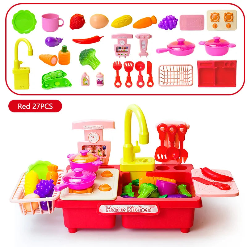 A red electric kids kitchen set featuring a sink, running water, various cooking tools, and play food items.