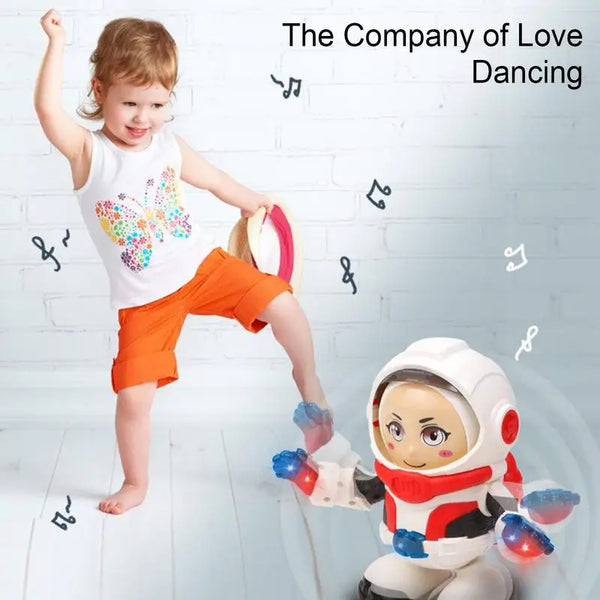 A young child is dancing with a white robot toy while surrounded by musical notes.