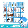 A set of 65 blue English vocabulary flashcards featuring various family and household themes for children