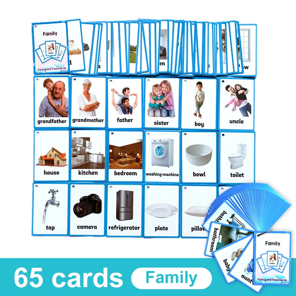 A set of 65 blue English vocabulary flashcards featuring various family and household themes for children