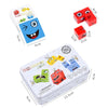 A set of wooden face-changing cubes puzzle game for kids showing various facial expressions and sizes.