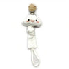 A handmade elephant pacifier holder featuring a white fabric design and a wooden top.