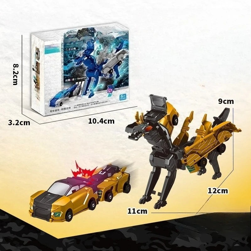 A transforming dinosaur car toy set showing a blue and yellow vehicle and a dinosaur figure.