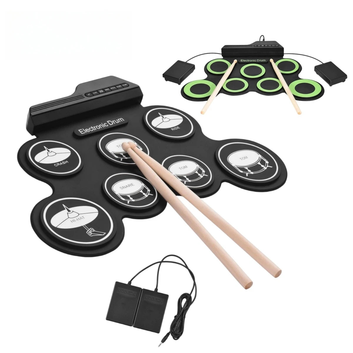 Foldable Silicone Electronic Drum Pad with Drumsticks and Sustain Pedals