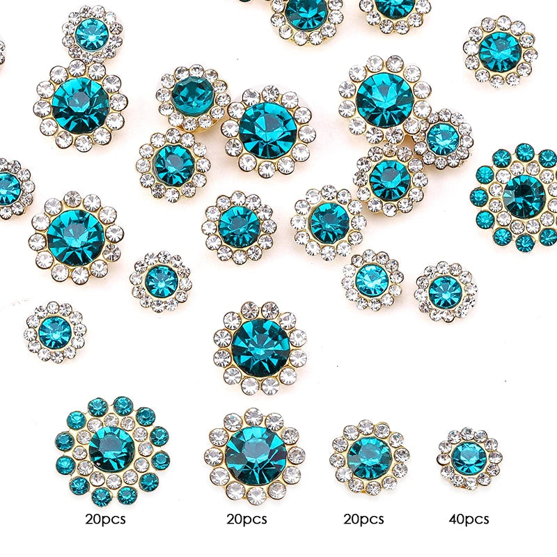Assortment of blue and clear crystal glass sunflower claw rhinestones for sewing