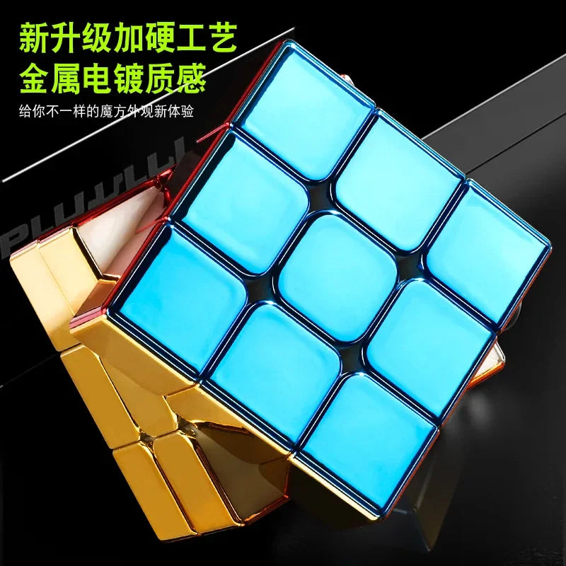 A close-up view of a blue magnetic 3x3 cube with gold accents, showing its facets and structure.