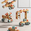 A wooden toy drill playset for babies featuring various tools and components for creative play.