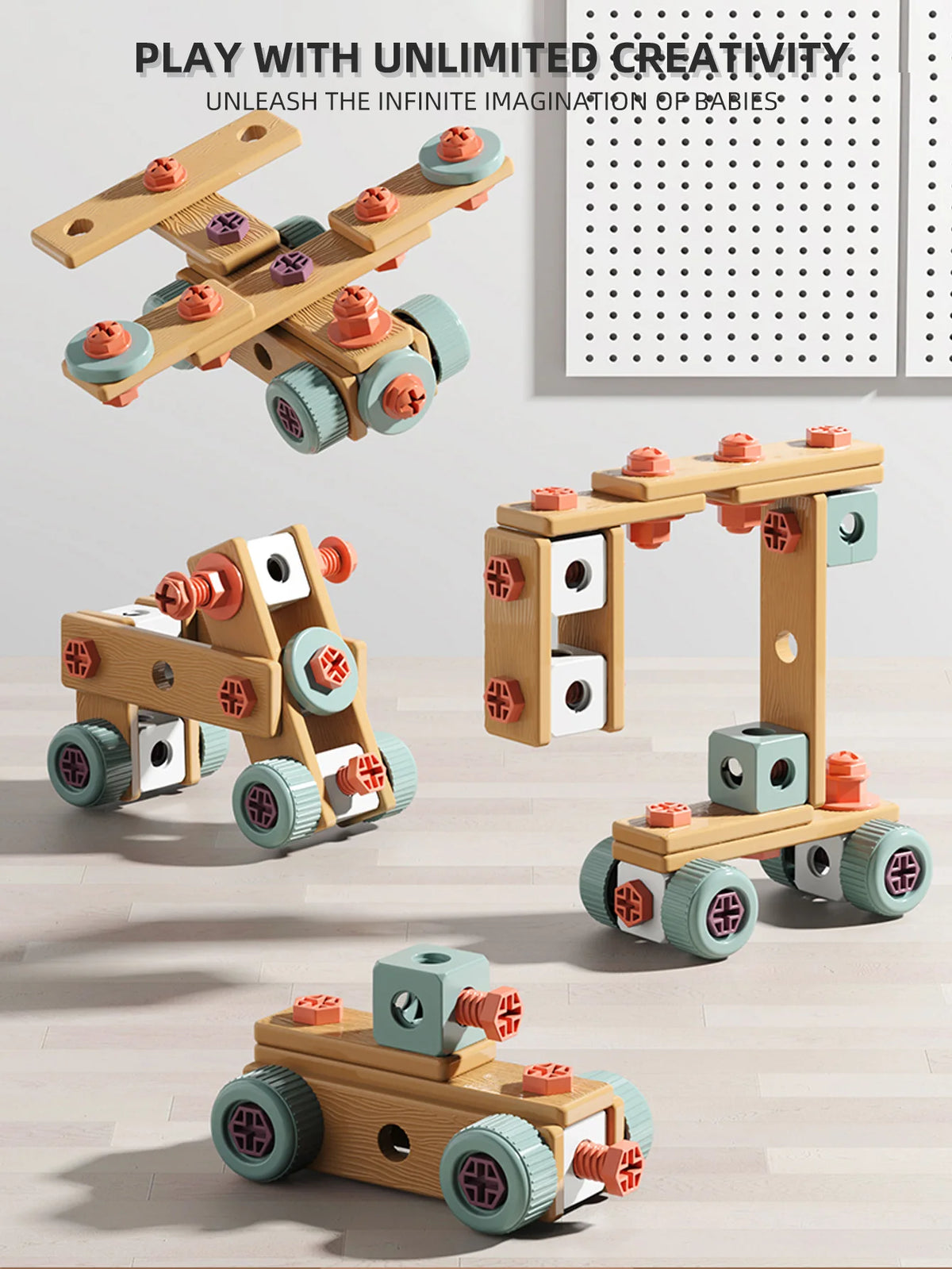 A wooden toy drill playset for babies featuring various tools and components for creative play.