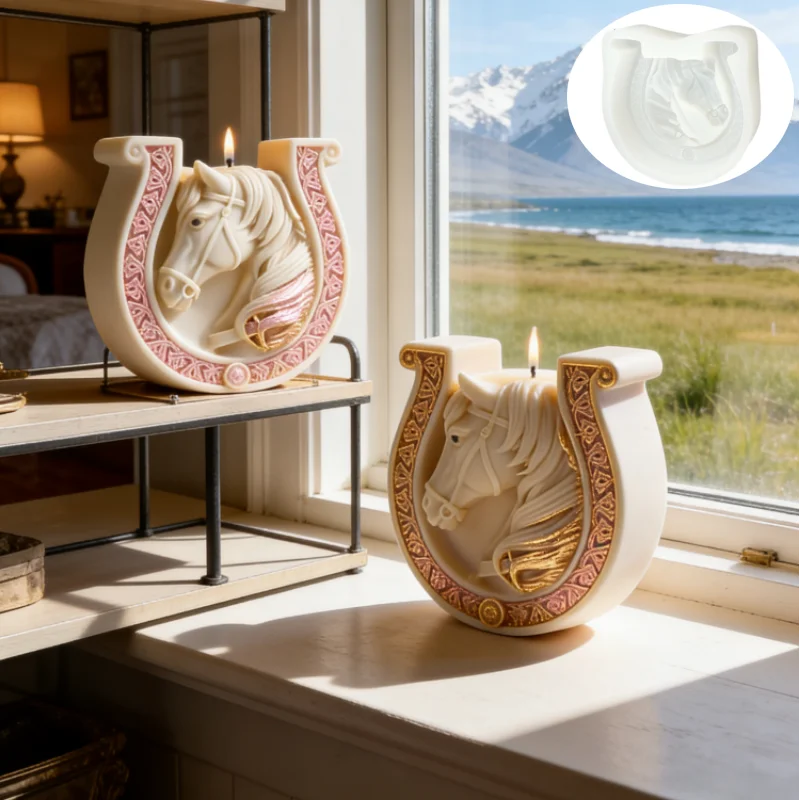 A white ceramic candle mold shaped like a horse with Celtic knot detailing, displayed on a shelf next to a window.