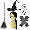A black witch costume set featuring a pointed hat, a dress, a wand, and black gloves.