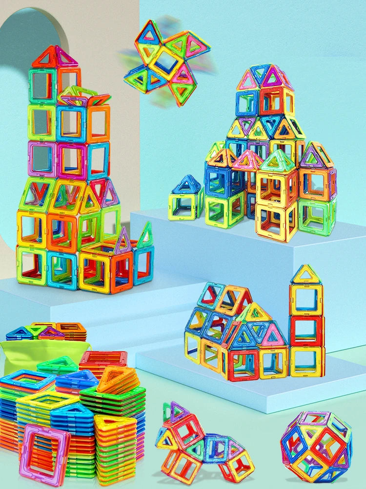 A collection of colorful magnetic building blocks and construction toys arranged in various shapes and structures.