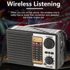A portable solar radio with AM/FM/SW tuning controls and a volume dial is shown against a dark background.