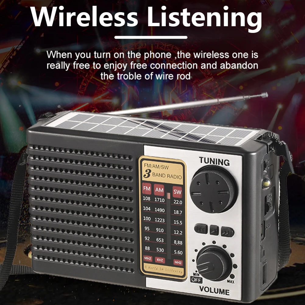A portable solar radio with AM/FM/SW tuning controls and a volume dial is shown against a dark background.