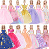 A collection of elegant evening gowns for dolls in various colors and styles including pink, purple, yellow, and blue.