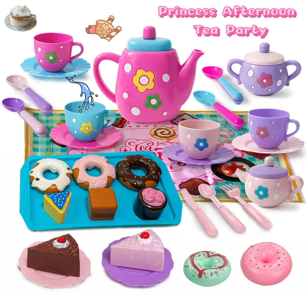 A pink and purple kids tea party playset featuring a teapot, cups, and various cookies.