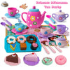 A pink and purple kids tea party playset featuring a teapot, cups, and various cookies.