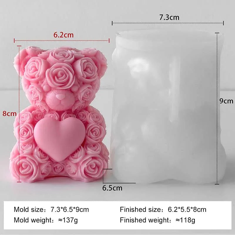 Pink rose bear silicone mold and finished candle with dimensions