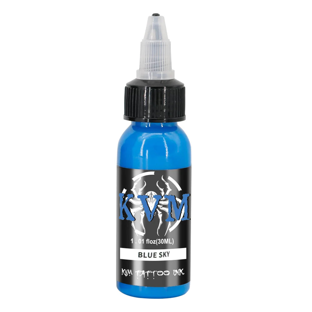 A blue glass dropper bottle of KVM tattoo ink labeled Blue Sky