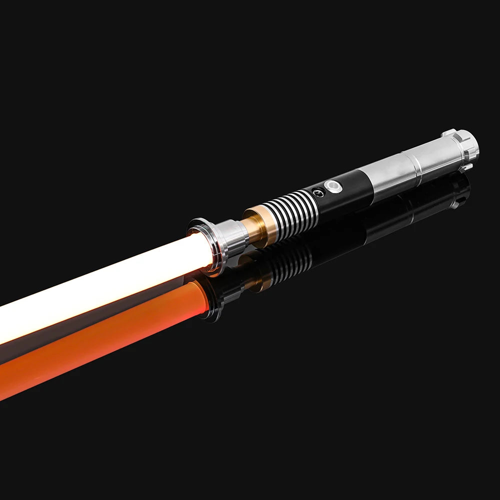 An RGB metal lightsaber with a glowing blade and metallic hilt is shown against a black background.