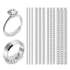 A set of transparent ring size adjusters, including a diamond ring and a silver ring, for reusable fit.