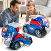 A blue and red transforming dinosaur robot car toy with lights and sounds being played with by a man and a child.