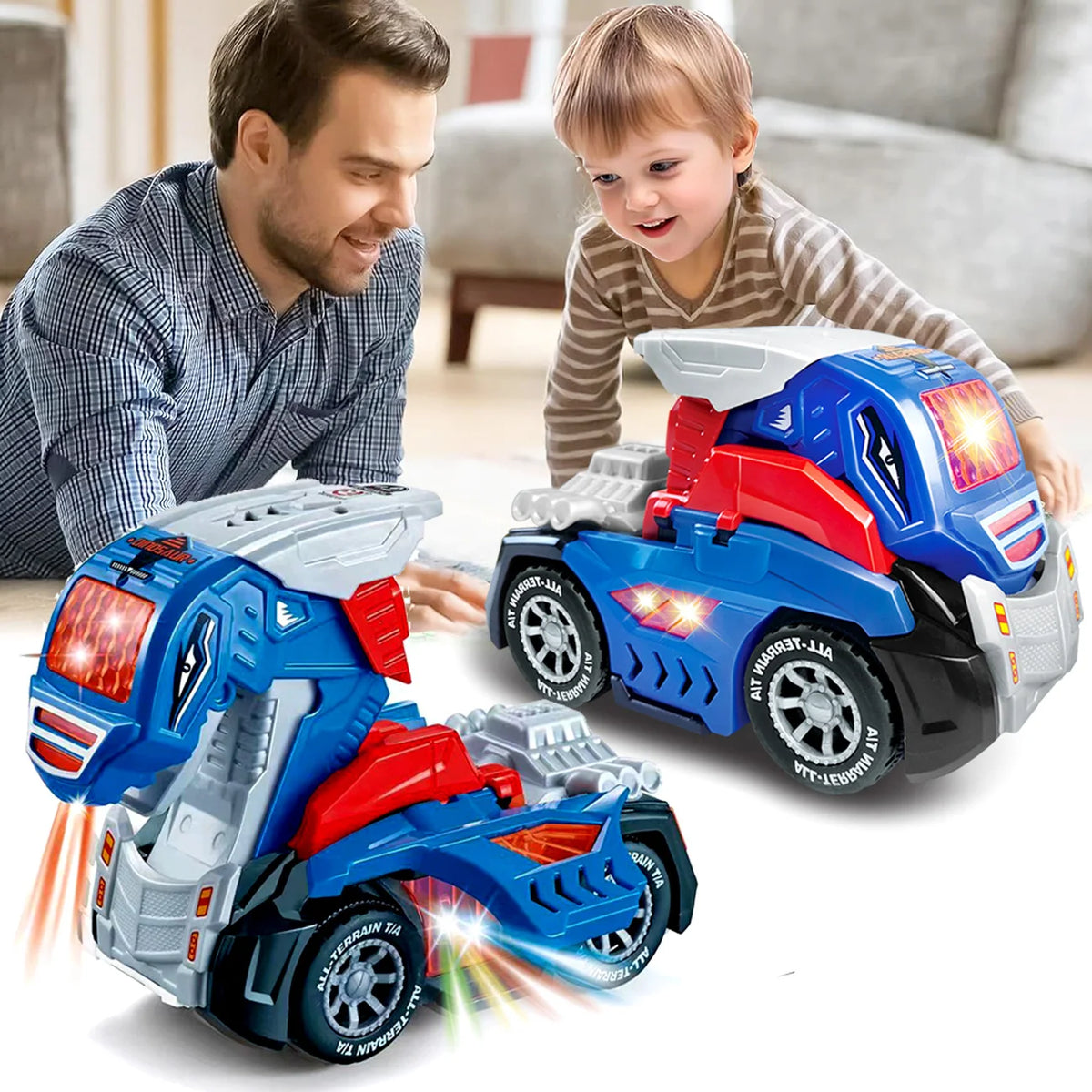 A blue and red transforming dinosaur robot car toy with lights and sounds being played with by a man and a child.