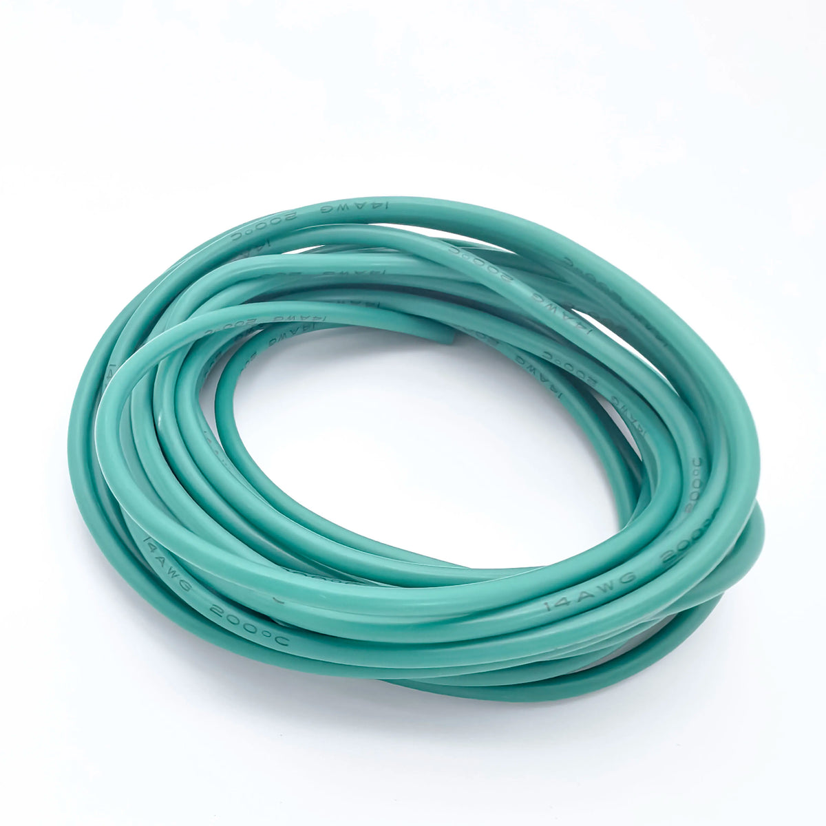 A coil of flexible silicone tinned copper wire in a teal color, showing multiple AWG gauges.