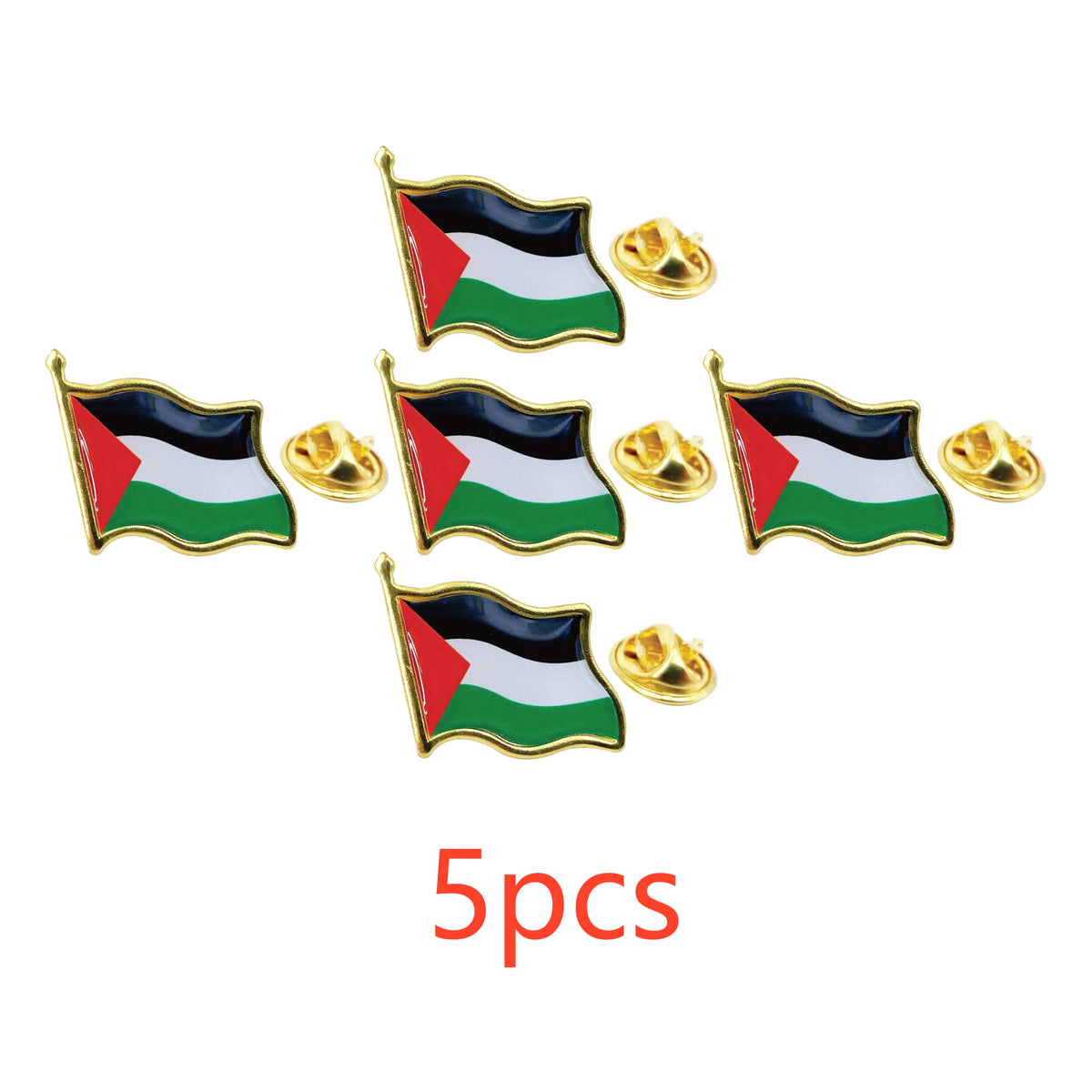 Five enamel lapel pins featuring the Palestinian flag design on a gold-colored metal background