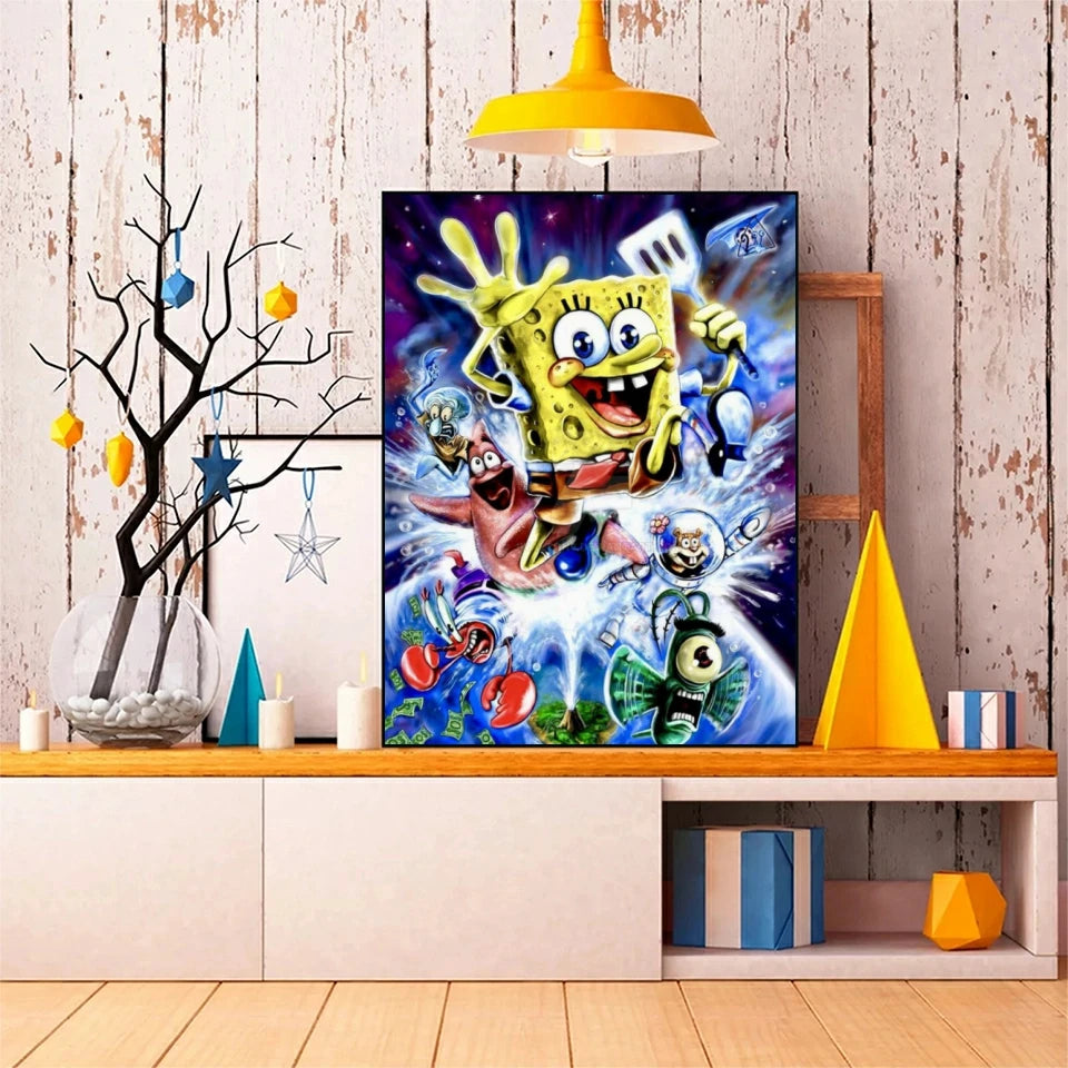 A diamond painting kit featuring a vibrant illustration of SpongeBob SquarePants