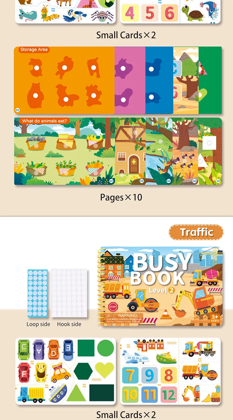 A set of Montessori quiet book pages and small cards featuring animals, including a busy book and various themed sticker acti