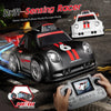 A black drift RC car is shown with a remote control and an HD camera, demonstrating demo, follow, and escape modes.