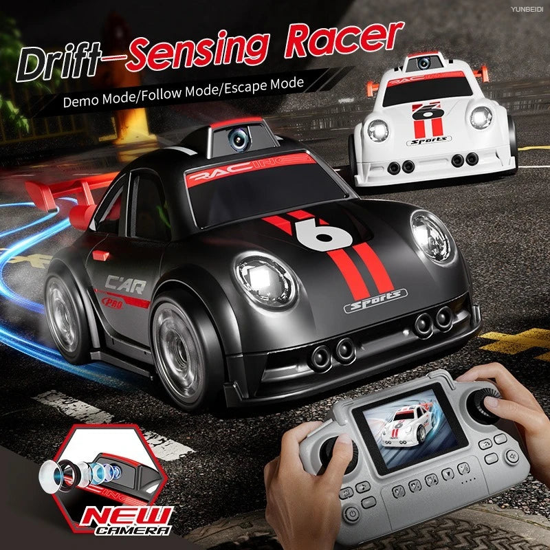 A black drift RC car is shown with a remote control and an HD camera, demonstrating demo, follow, and escape modes.