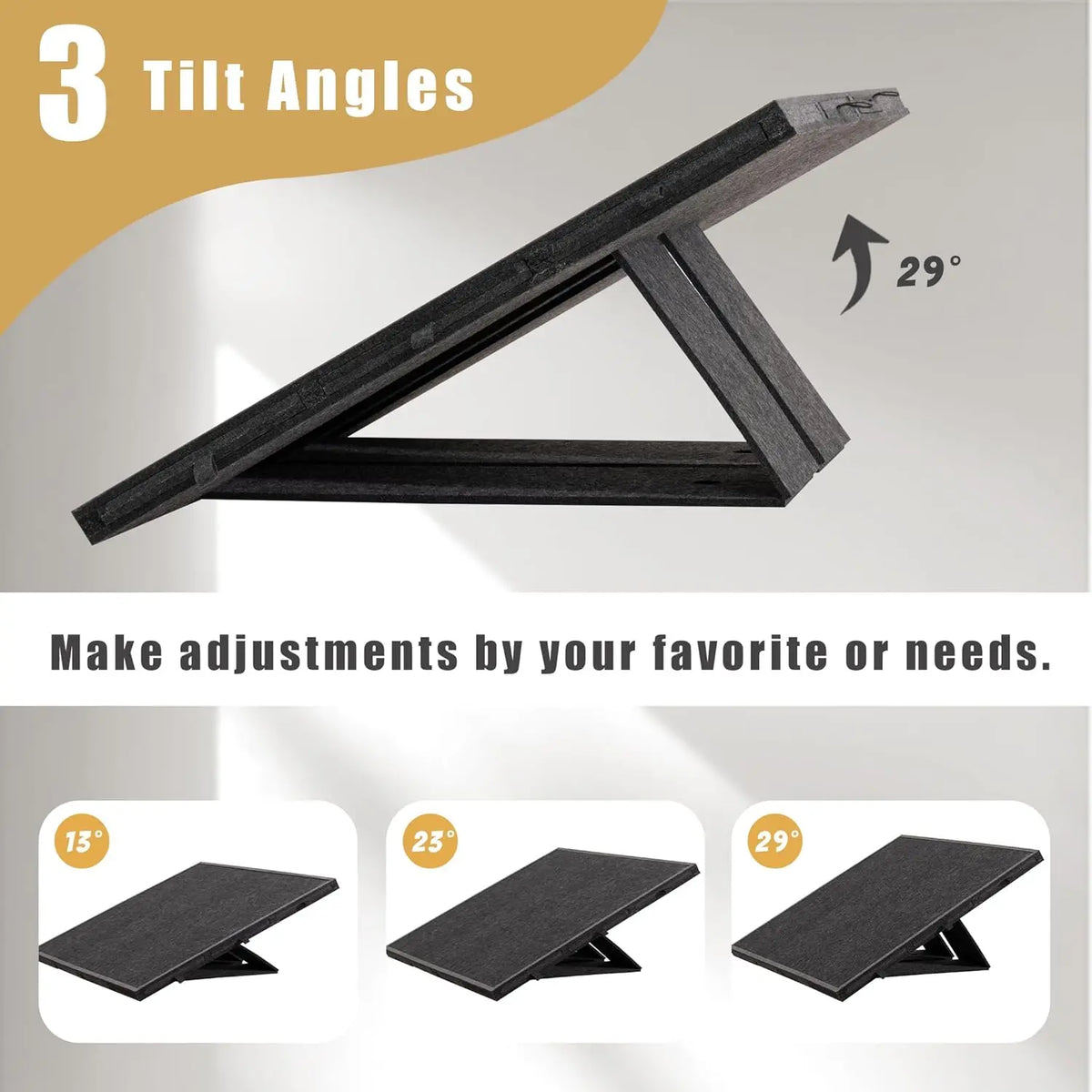 A black tilting puzzle board shown at three different angles: 13, 23, and 29 degrees.