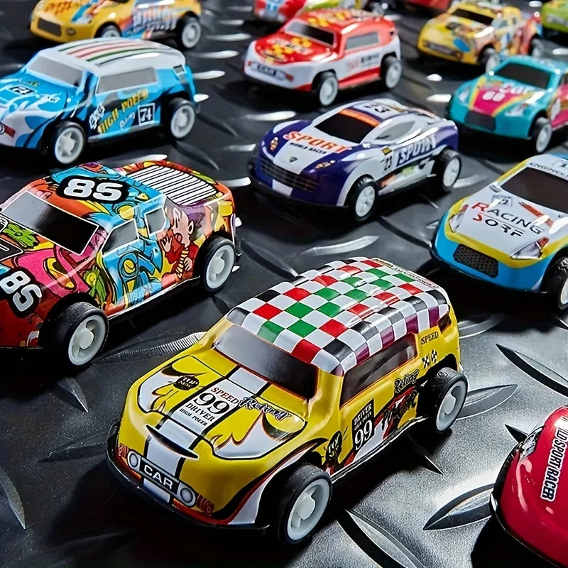 A collection of colorful die-cast mini racing cars displayed on a dark surface.