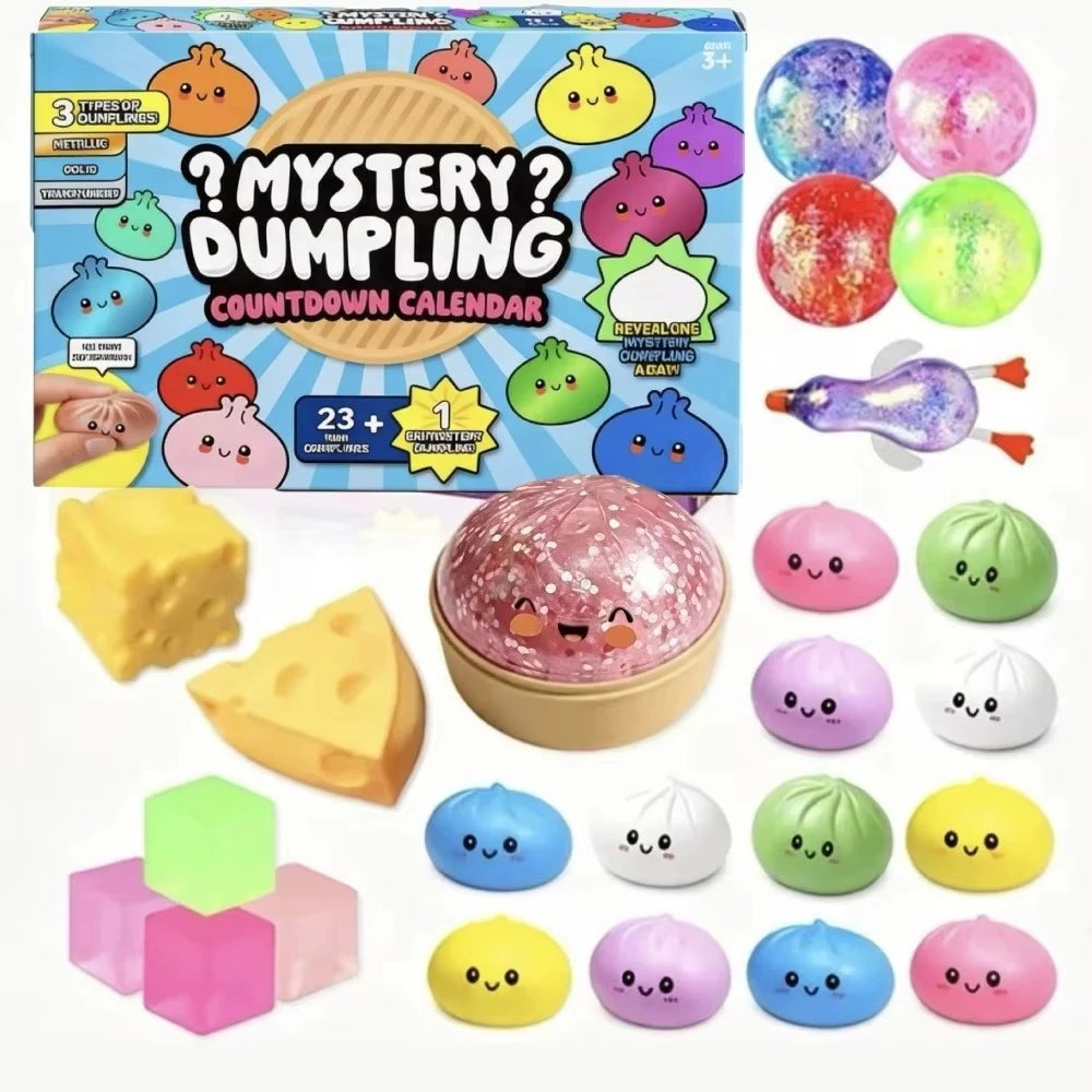 Eine Box mit einem Mystery-Squishy-Adventskalender mit verschiedenen bunten und geformten Squishy-Spielzeugen.