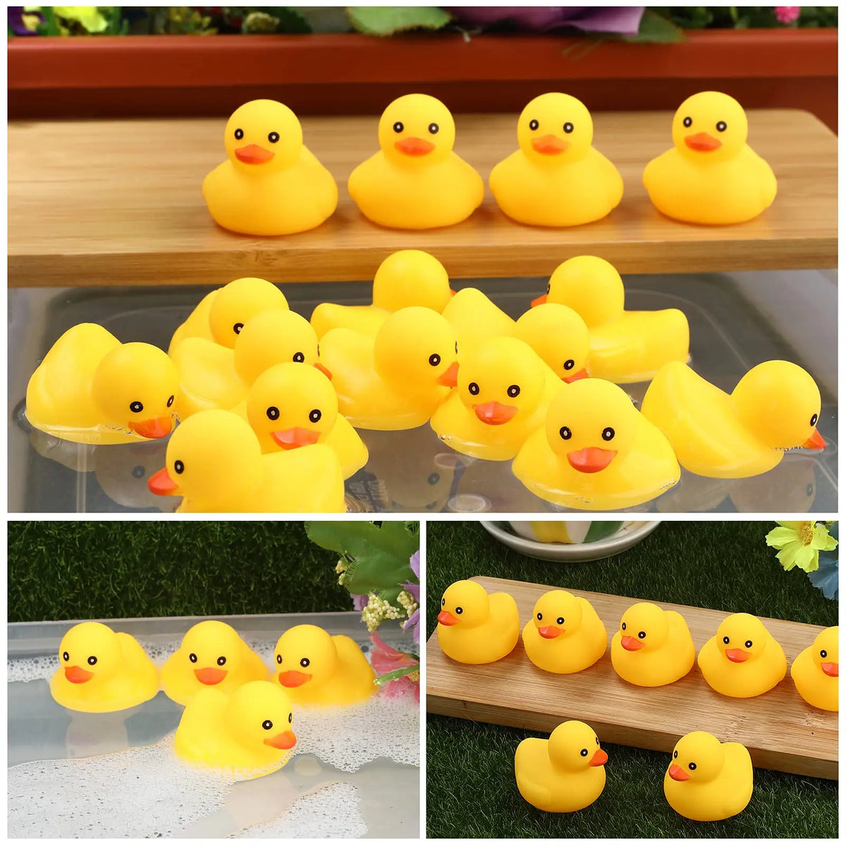 A set of pink mini rubber ducks in various arrangements on a wooden tray and clear glass.