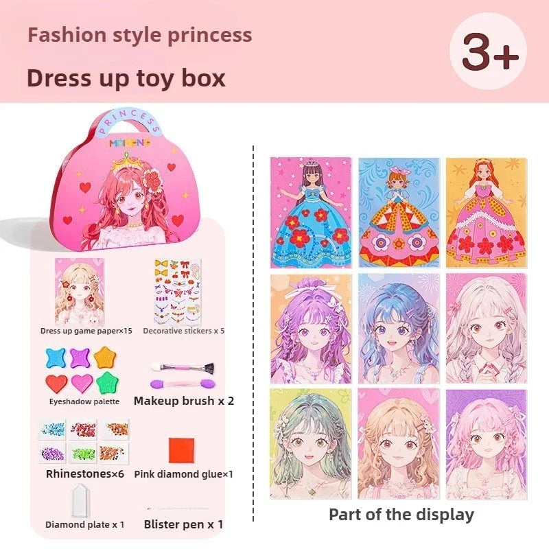 A dress up toy box featuring a fashion style princess set with makeup brushes, stickers, and gemstones for kids