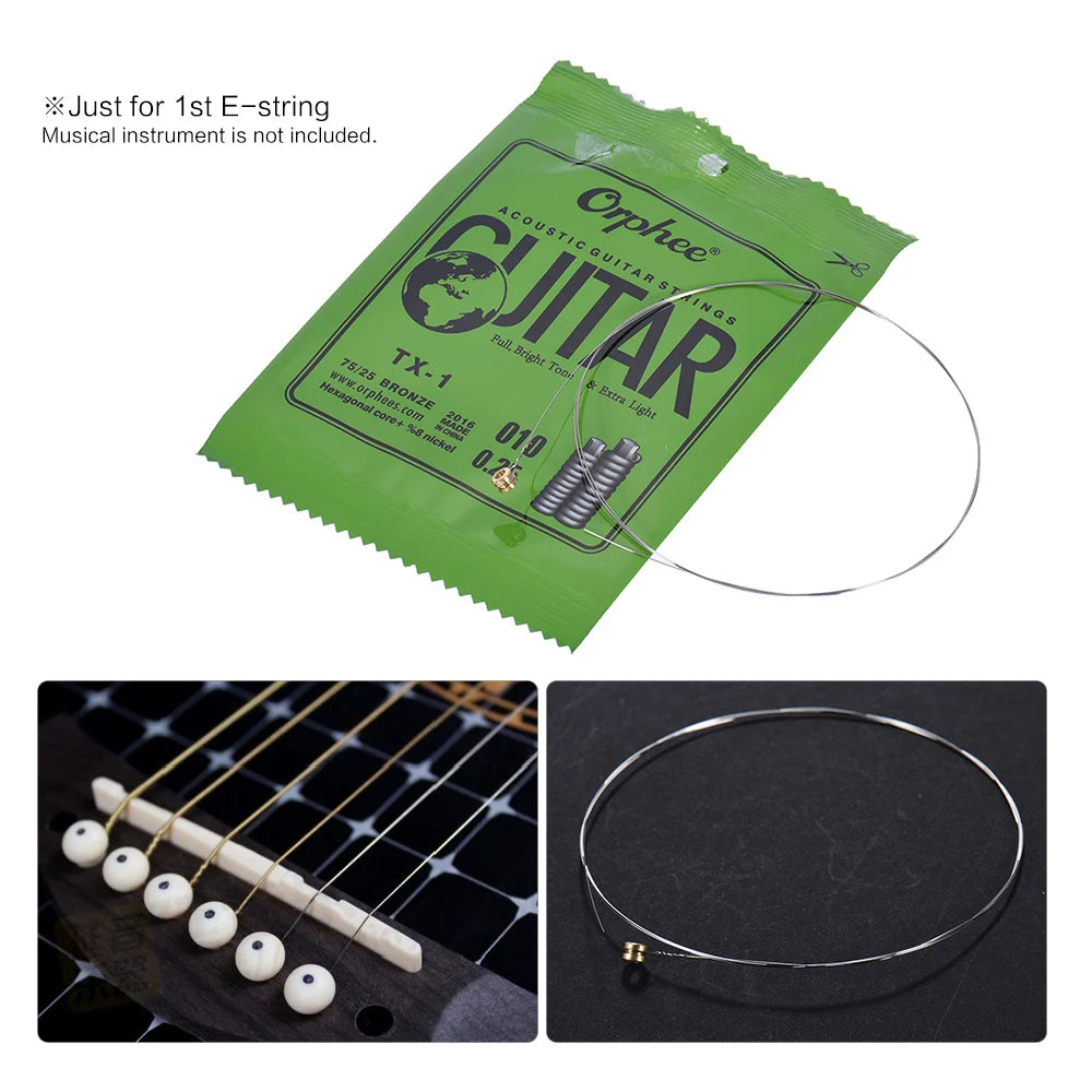 A packet of Orphée guitar strings, specifically the EJITAR TX-1 bronze acoustic guitar replacement string, is shown alongside
