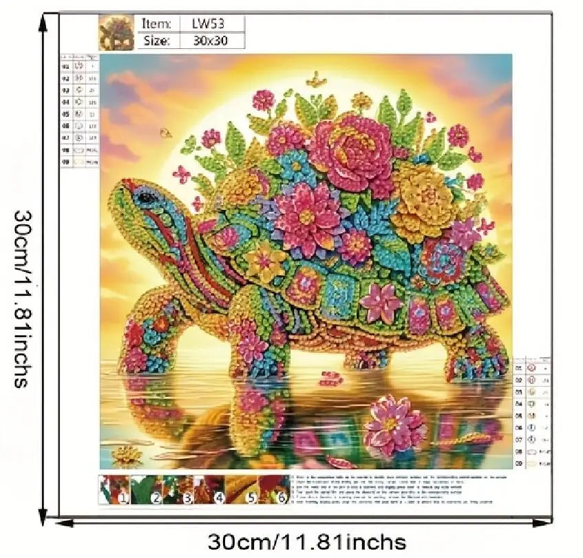 A detailed diamond painting of a sea turtle in vibrant colors, featuring a partial drill and home wall art context.
