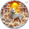A jigsaw puzzle depicting a white wolf standing in a snowy forest with an orange sun background.