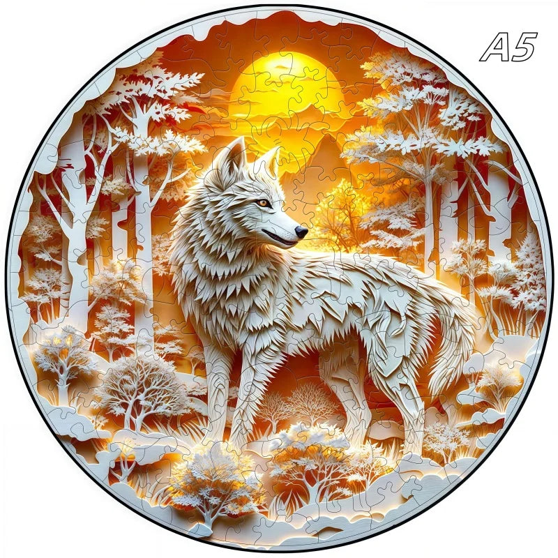 A jigsaw puzzle depicting a white wolf standing in a snowy forest with an orange sun background.