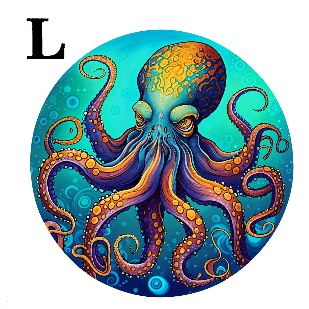 A vibrant, colorful illustration of an octopus or squid with swirling tentacles against a teal background.