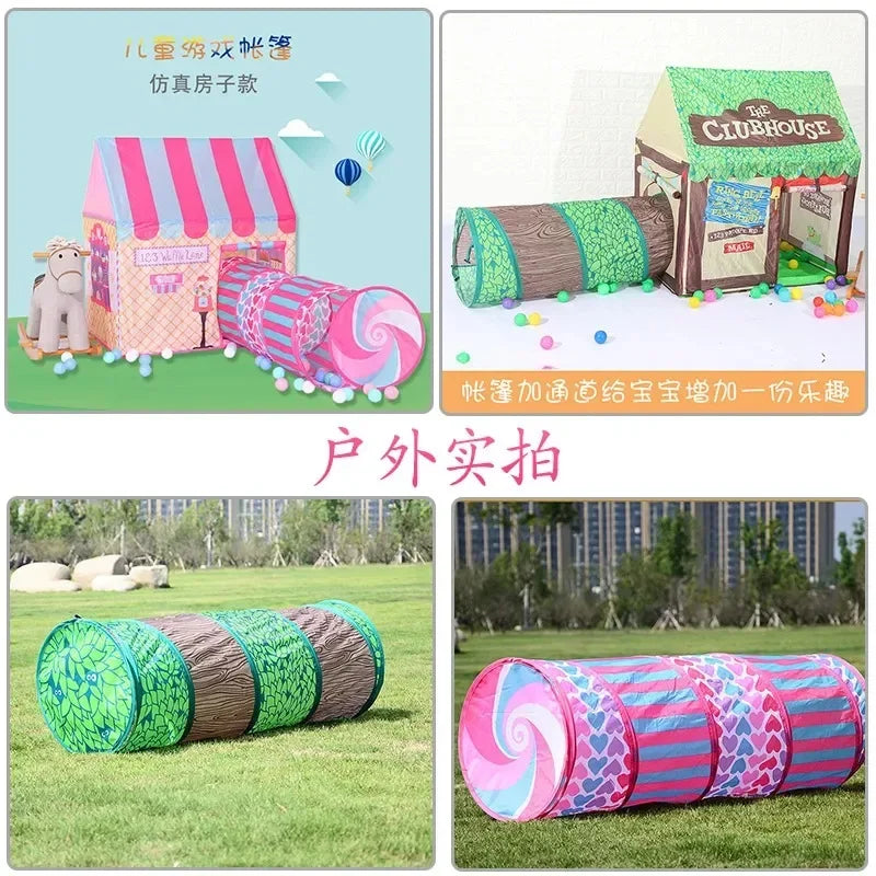 Foldable kids play tent featuring soft fabric in pink and green colors set up outdoors