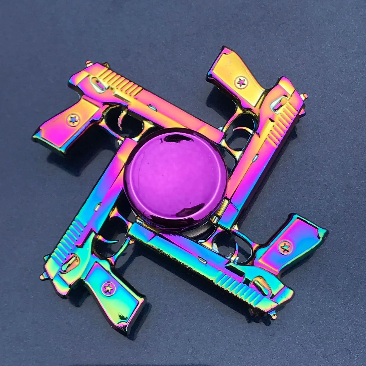 A rainbow metal fidget spinner featuring a smooth silent rotation and a central disc.