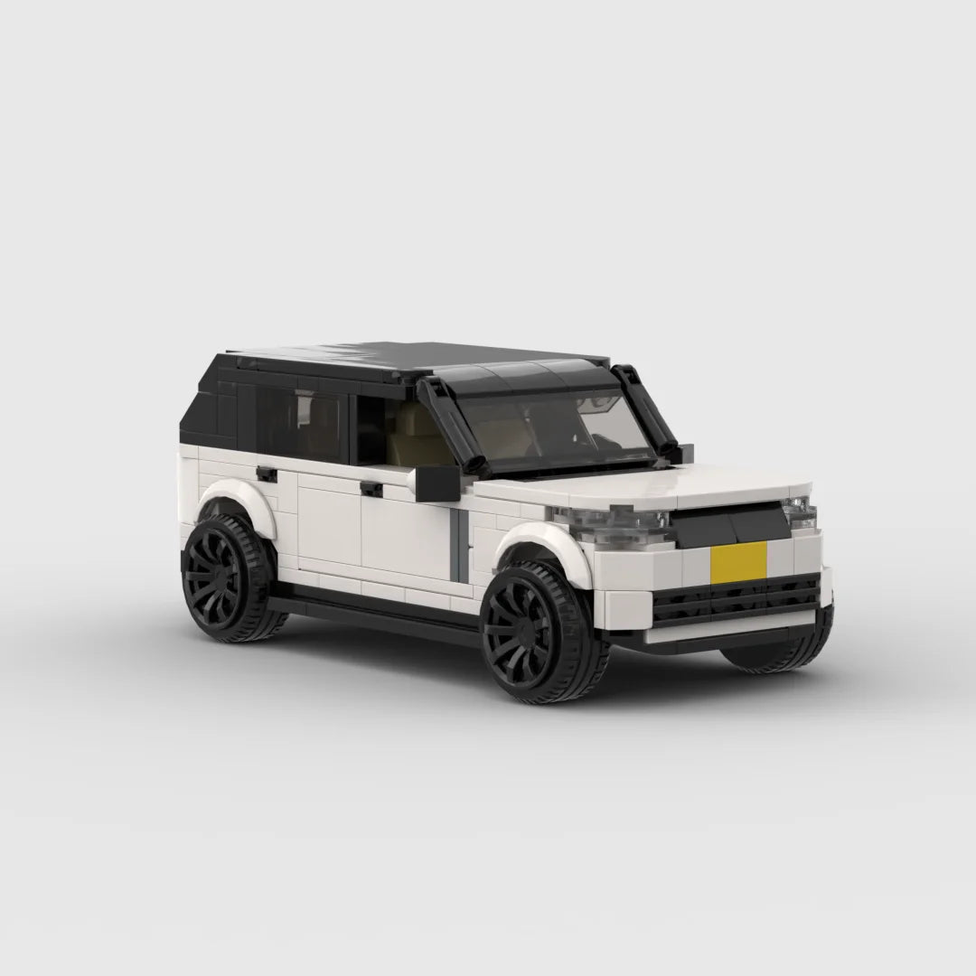 A white classic supercar model built from building blocks, shown in a side view.