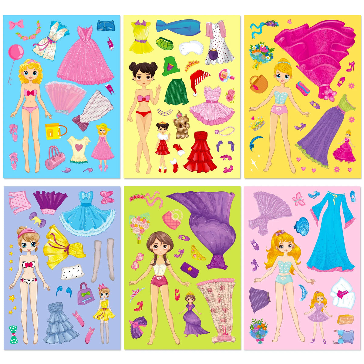 A colorful set of princess DIY sticker puzzles featuring various princesses in different outfits and backgrounds.